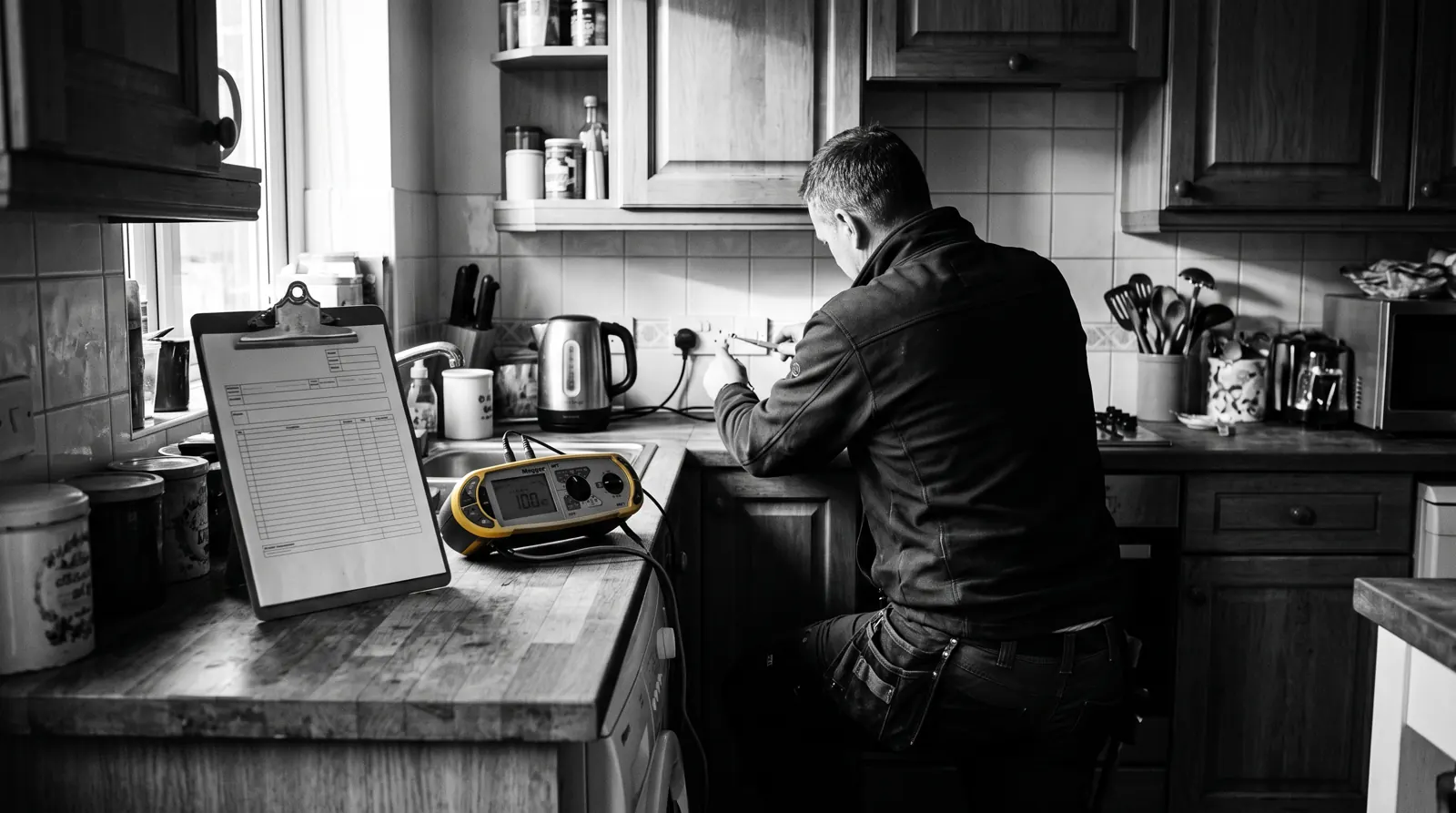 Electrician carrying out inspection and testing in a kitchen
